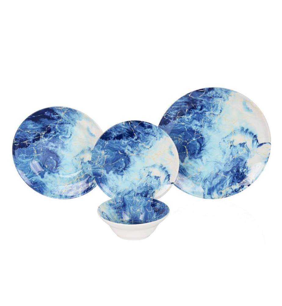 Service de table 24 pièces, 100 % céramique, bleu, bleu clair, blanc