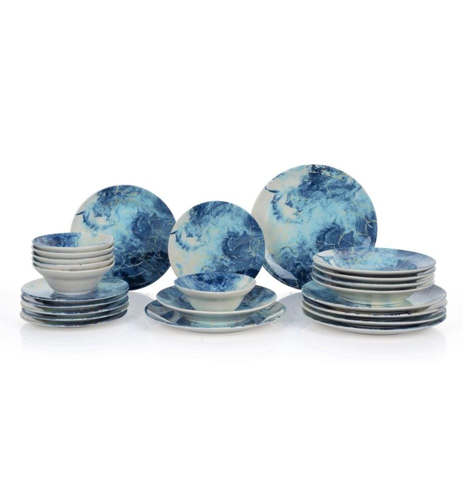 Service de table 24 pièces, 100 % céramique, bleu, bleu clair, blanc
