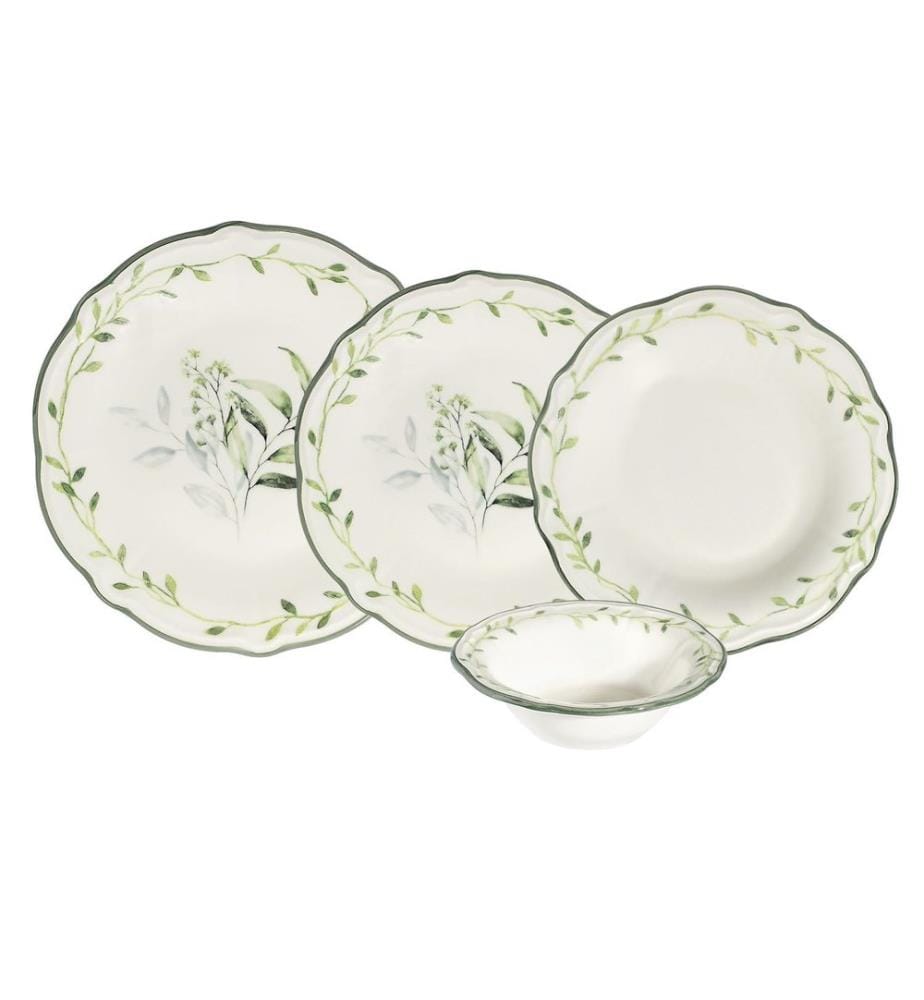 24-teiliges Speiseservice, 100 % Porzellan, Weiss, Grün