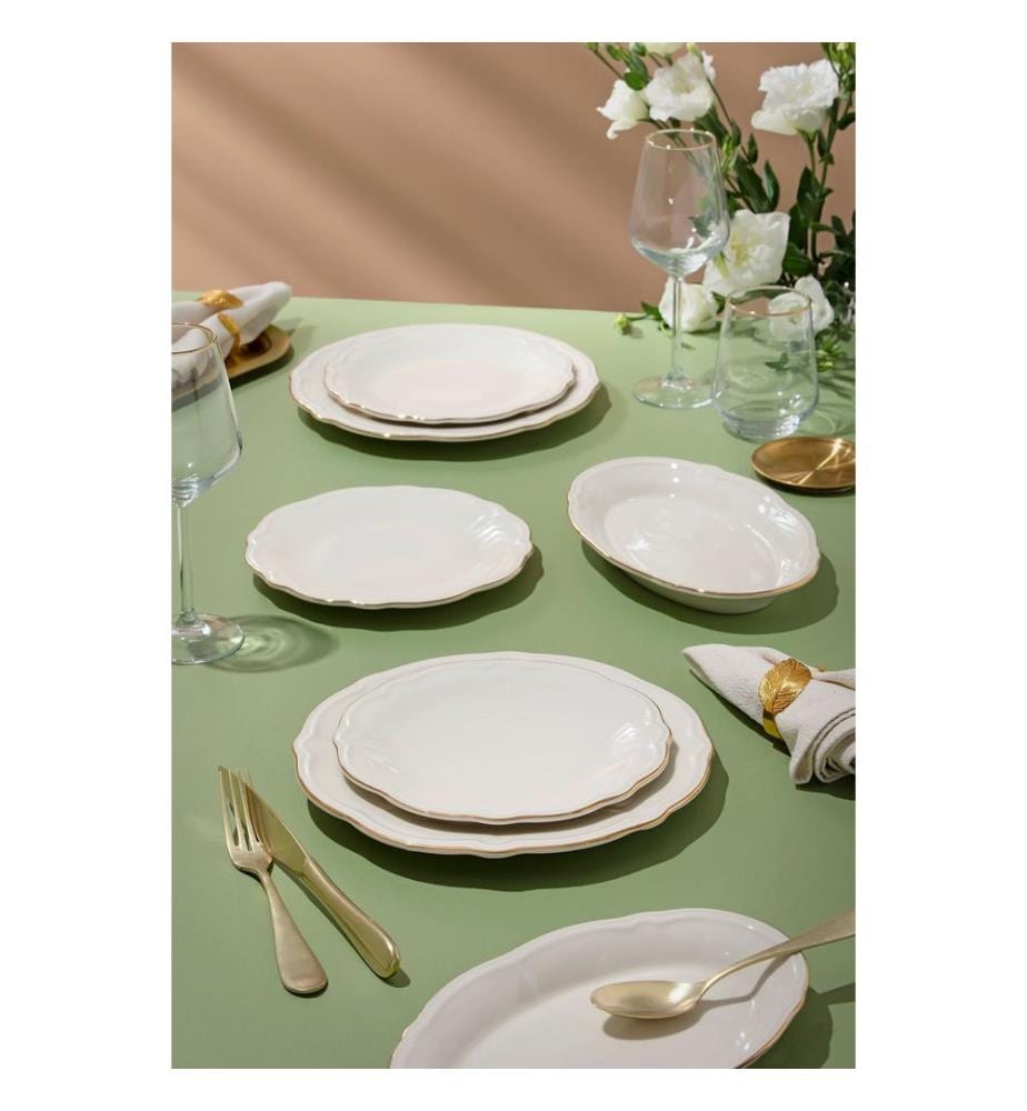 Speiseservice, 18-teilig, 100 % Porzellan, Weiss, Gold
