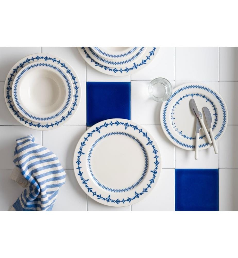 24-teiliges Speiseservice, 100 % Porzellan, Weiss, Blau