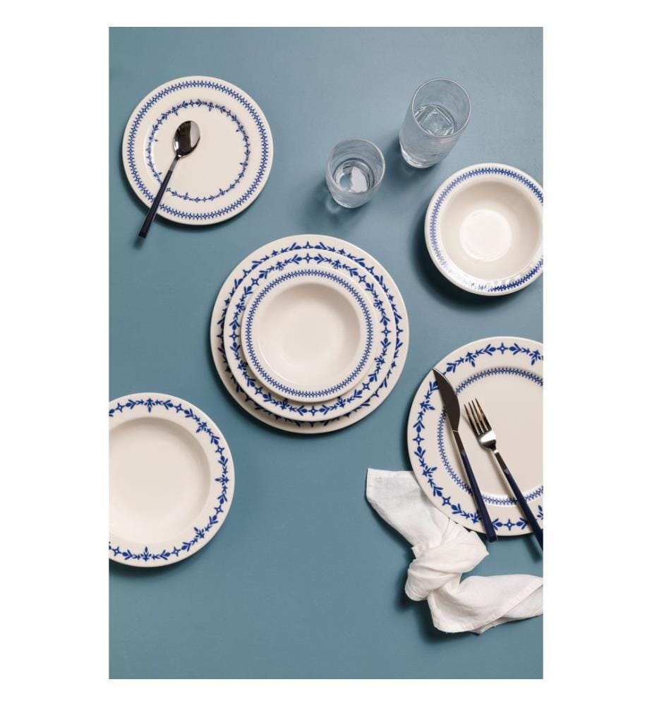 24-teiliges Speiseservice, 100 % Porzellan, Weiss, Blau