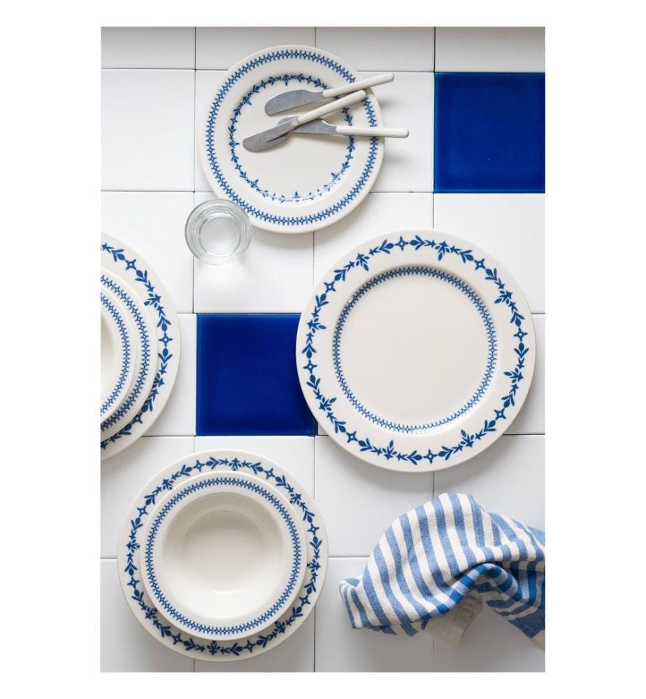 24-teiliges Speiseservice, 100 % Porzellan, Weiss, Blau