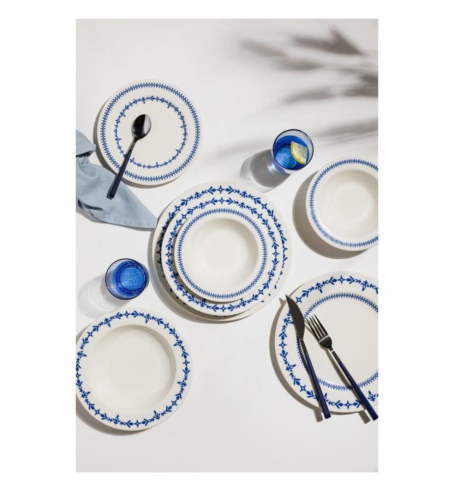 24-teiliges Speiseservice, 100 % Porzellan, Weiss, Blau