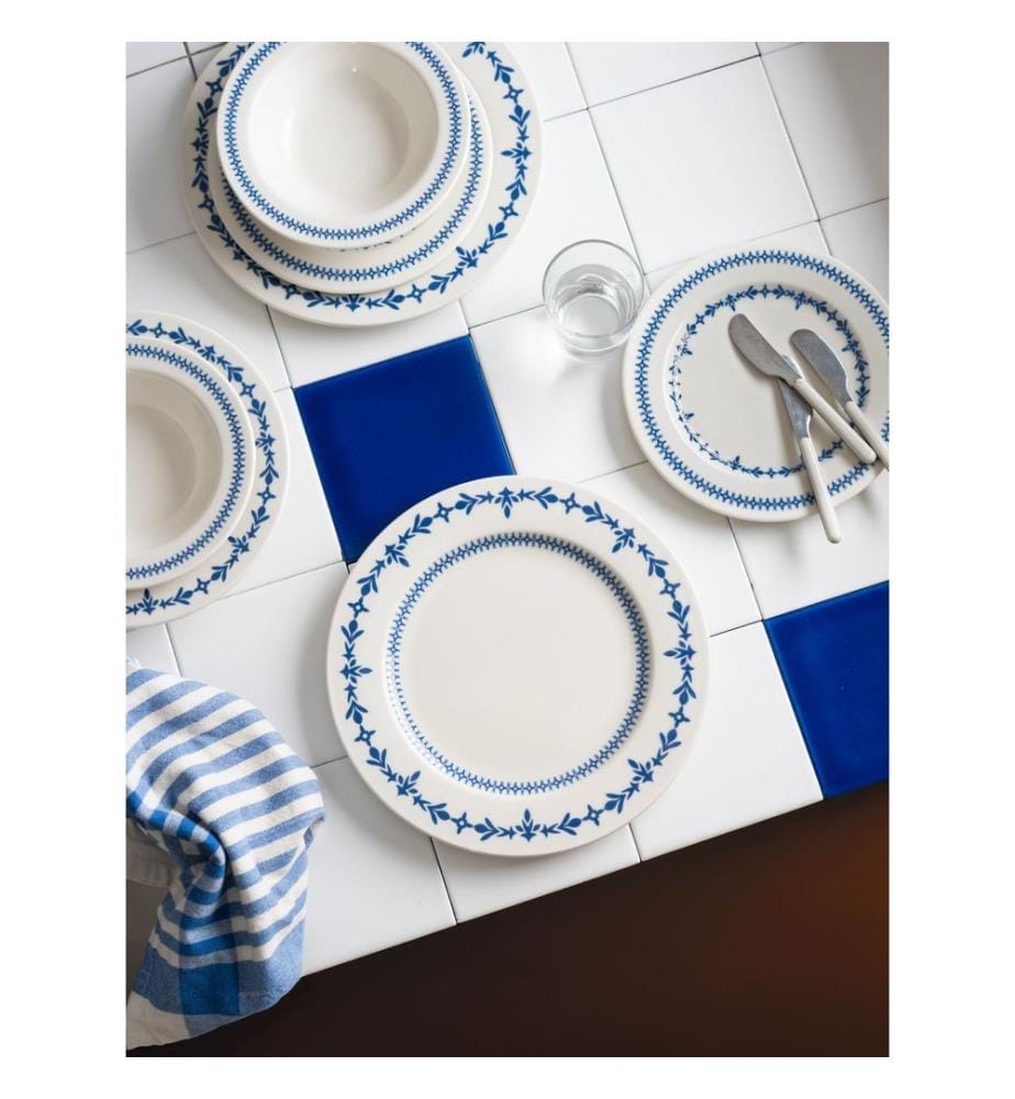 24-teiliges Speiseservice, 100 % Porzellan, Weiss, Blau