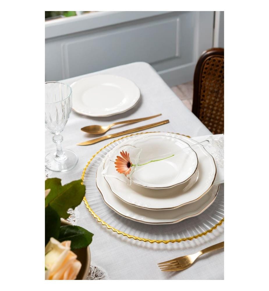 Service de table 24 pièces, 100 % porcelaine, blanc et or