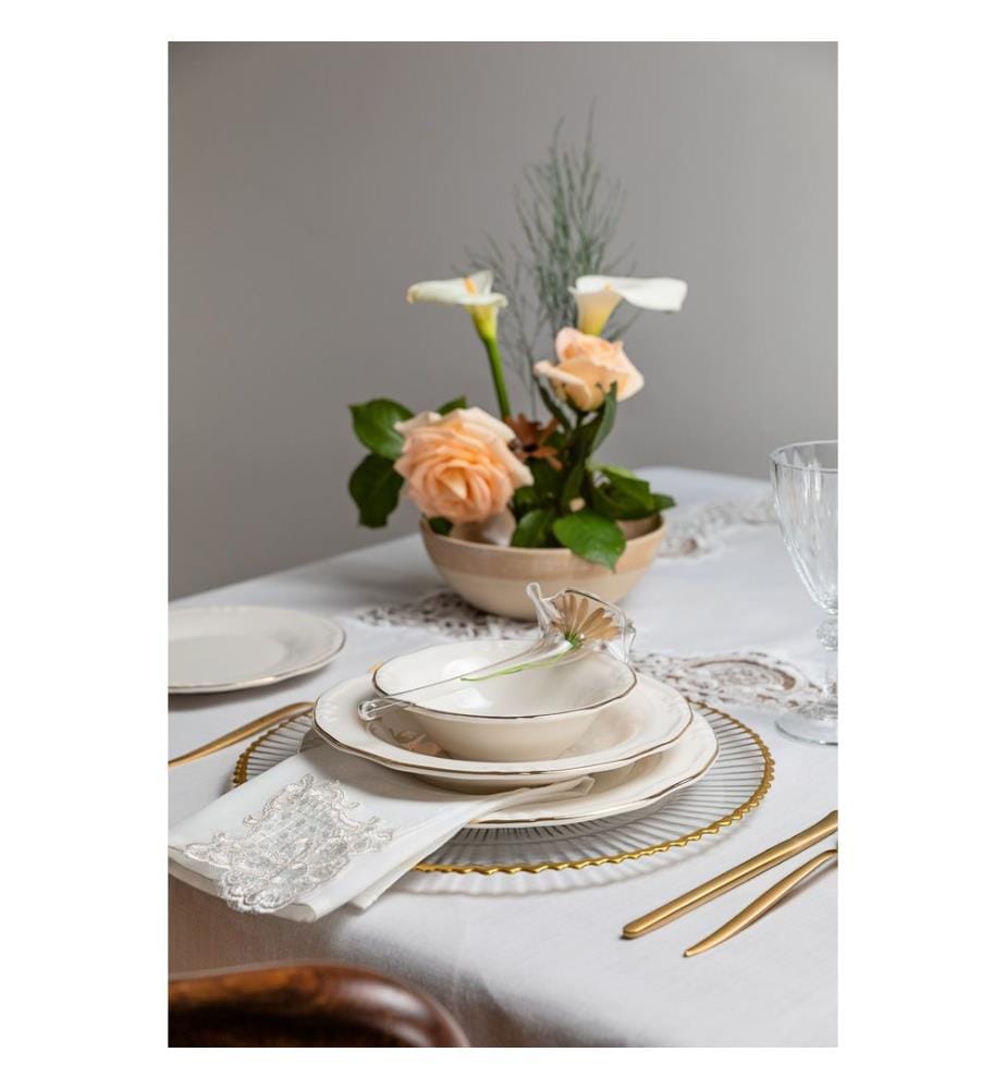 Service de table 24 pièces, 100 % porcelaine, blanc et or