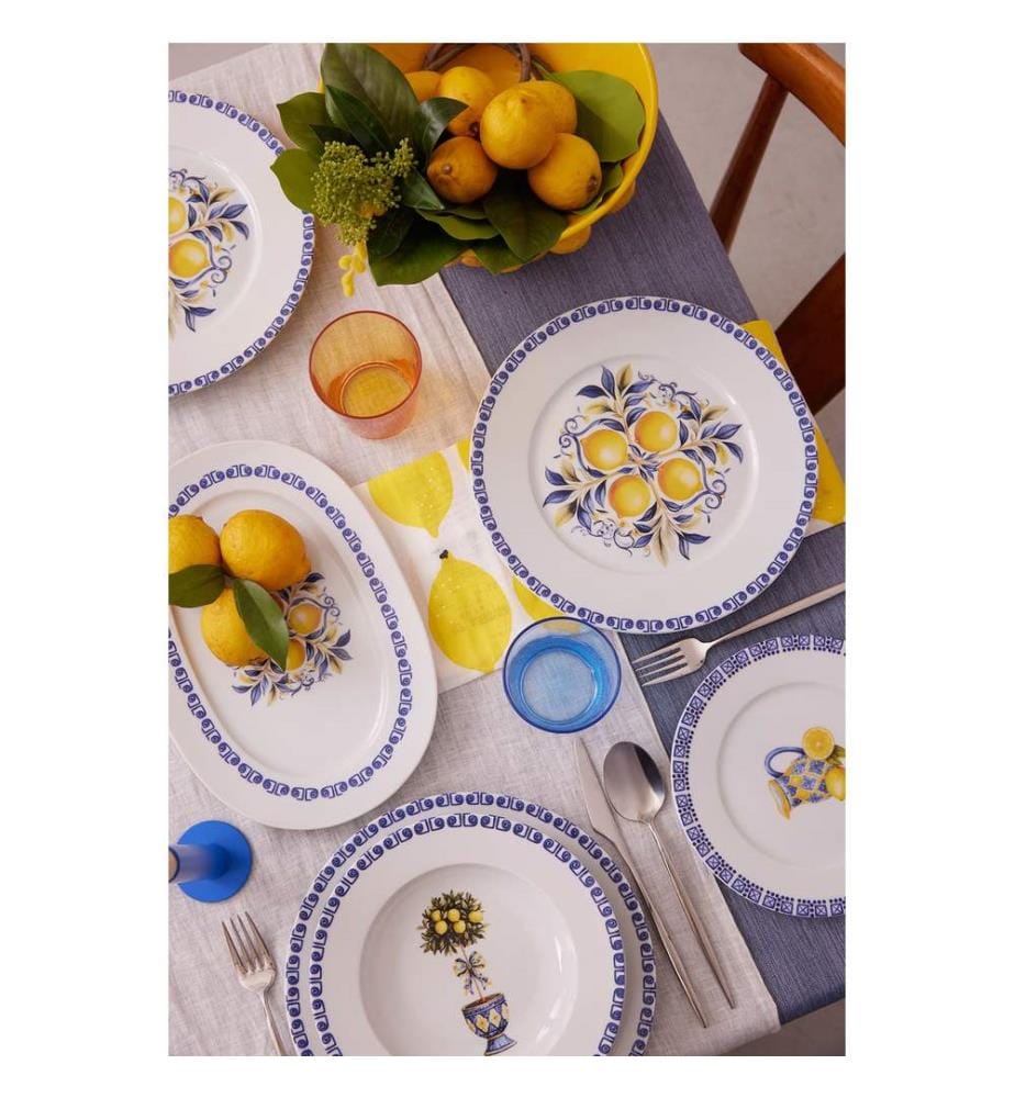 Service de table 26 pièces, 100 % porcelaine, blanc, jaune, bleu