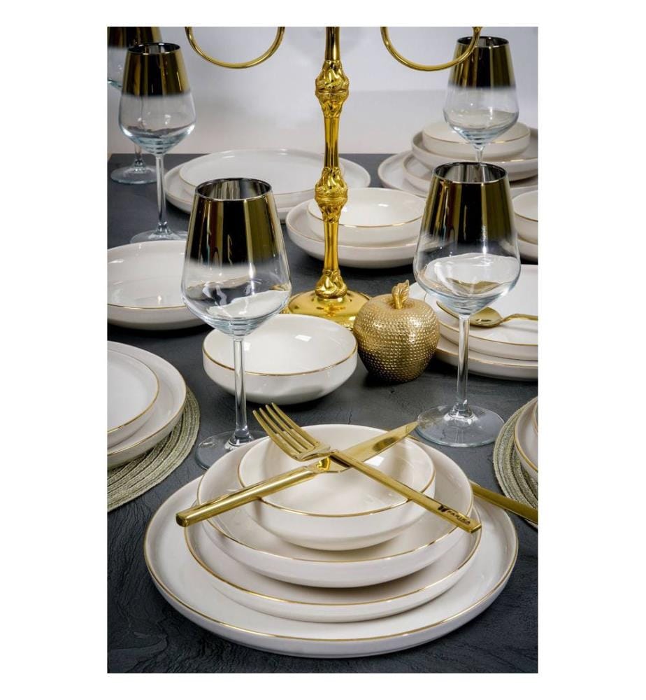 Speiseservice, 24-teilig, 100 % Porzellan, Weiss, Gold