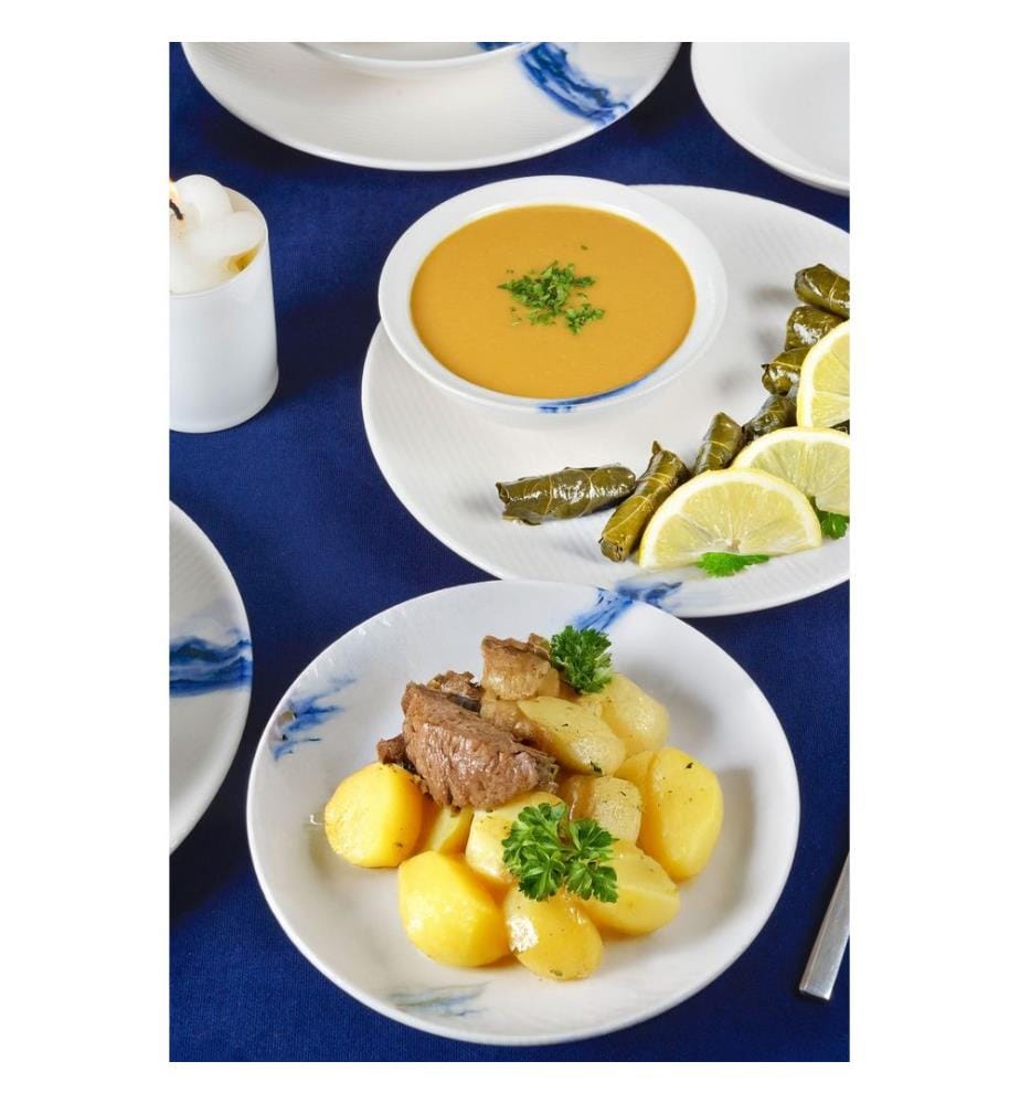 Service de table 18 pièces, 100 % porcelaine, blanc et bleu
