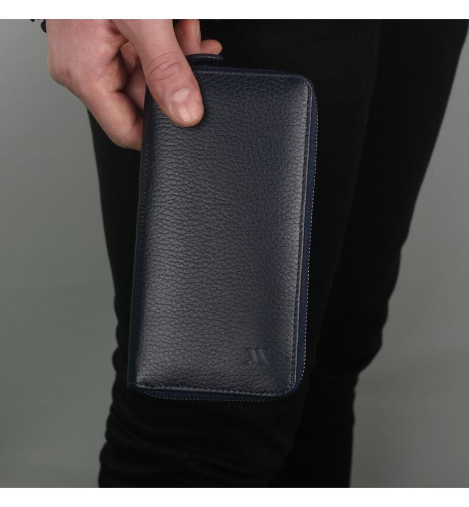Portefeuille en cuir véritable, bleu marine.