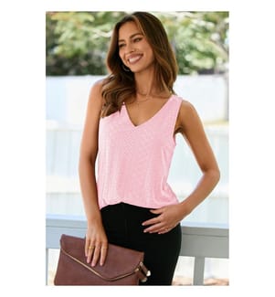 Loose-fitting tank top with V-neck and pink eyelet mesh pattern