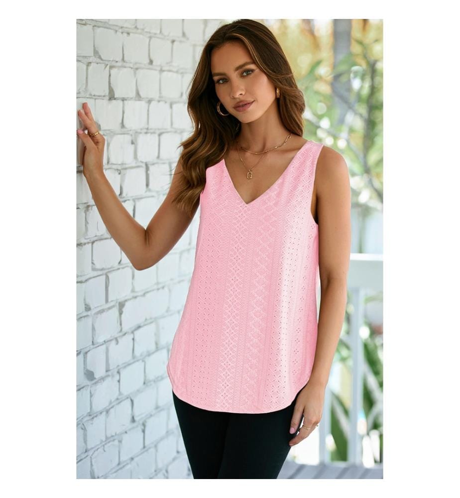 Loose-fitting tank top with V-neck and pink eyelet mesh pattern