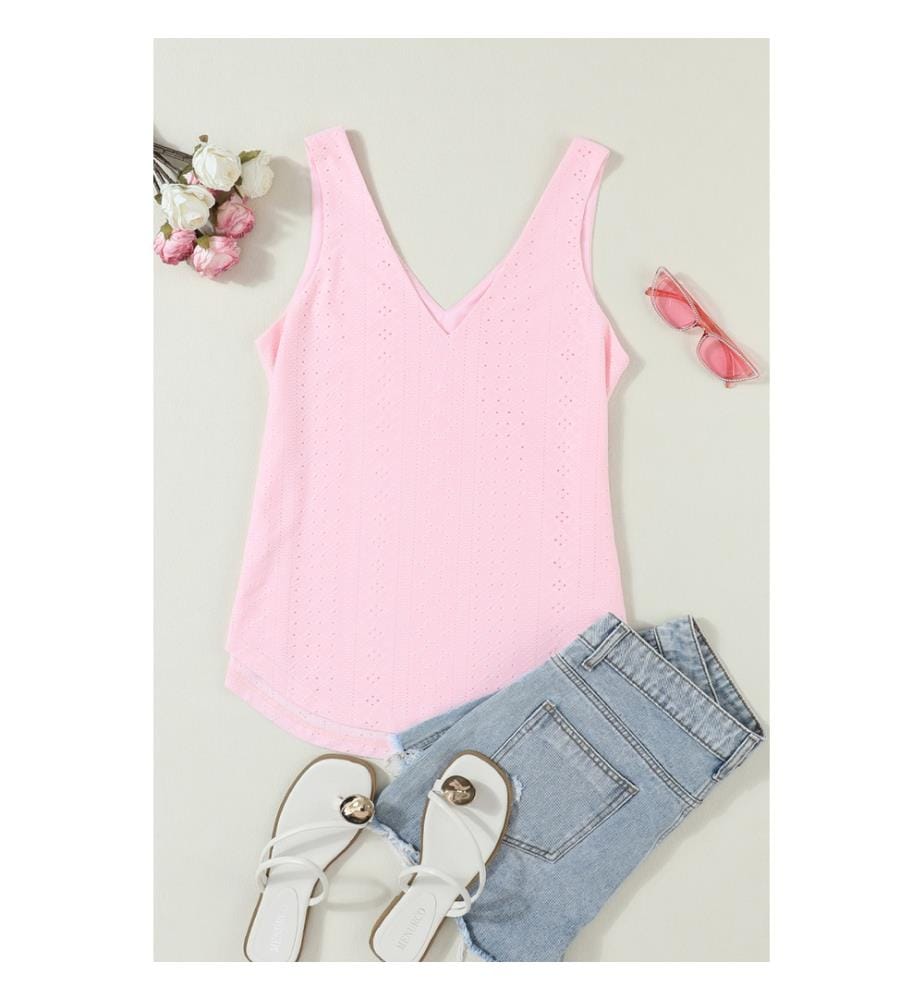 Loose-fitting tank top with V-neck and pink eyelet mesh pattern