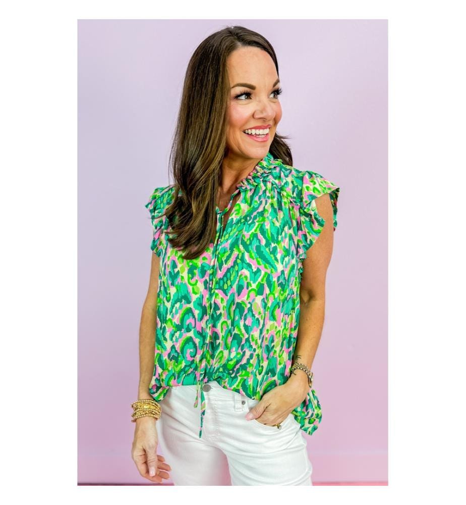 Split-neck tank top with green abstract print