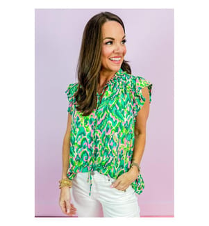 Split-neck tank top with green abstract print