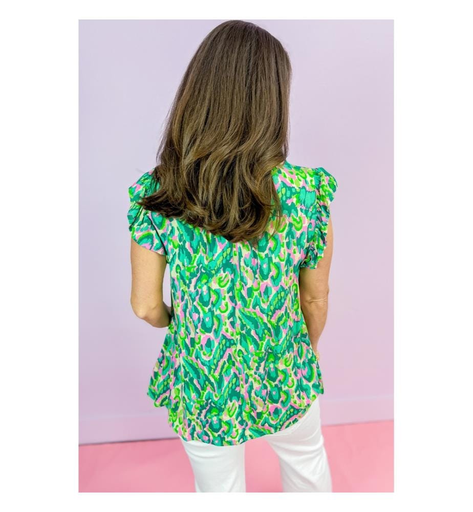 Split-neck tank top with green abstract print