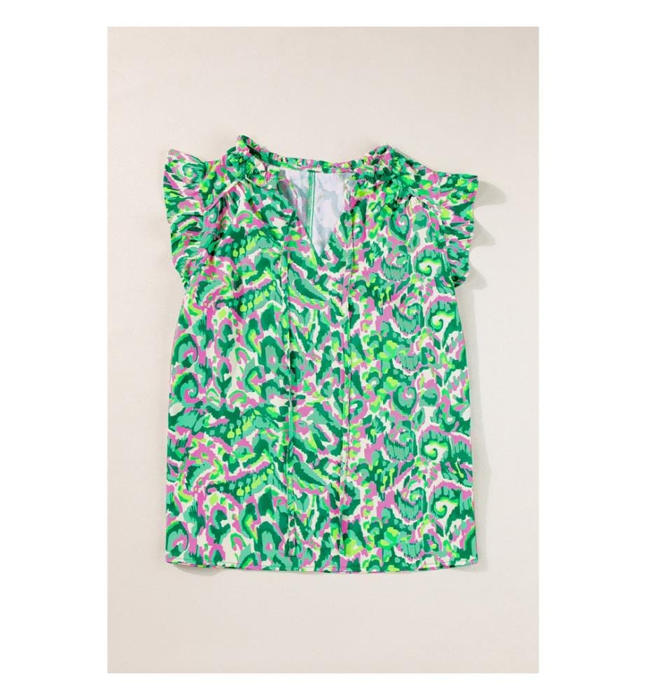 Split-neck tank top with green abstract print