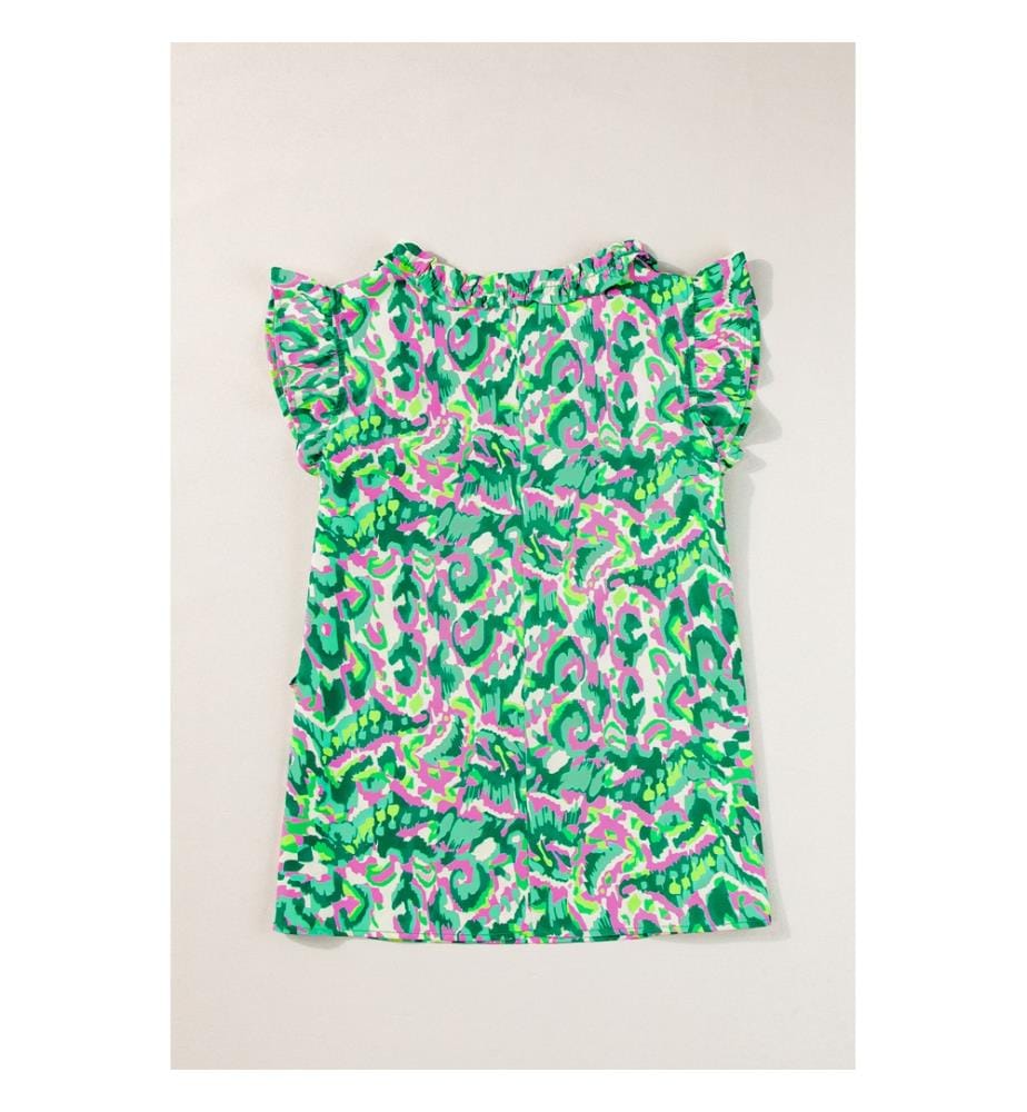 Split-neck tank top with green abstract print