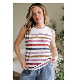 Round-neck tank top with red and rainbow stripes