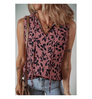 Crumpled, lace-up V-neck tank top with brown leaf print