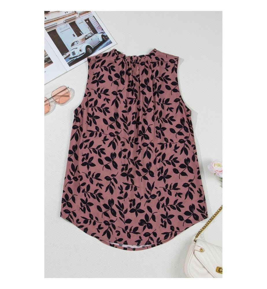 Crumpled, lace-up V-neck tank top with brown leaf print
