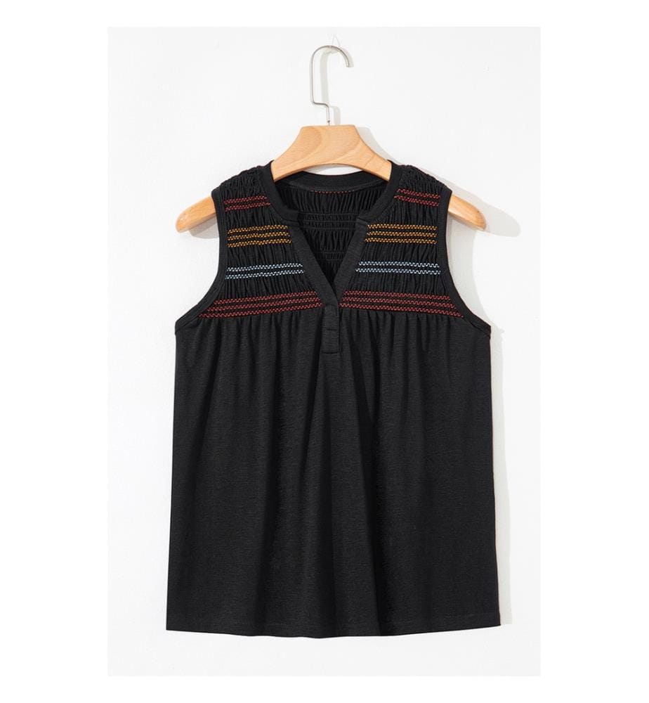 Black tank top with notched V-neck and colorful gathered yoke