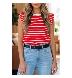 Loose-fitting tank top with red stripes and ribbed round collar