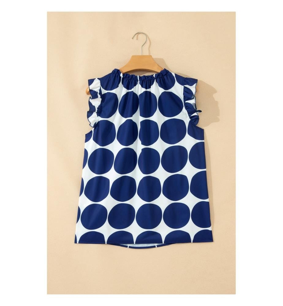 Round-neck tank top with blue polka-dot print and ruffles