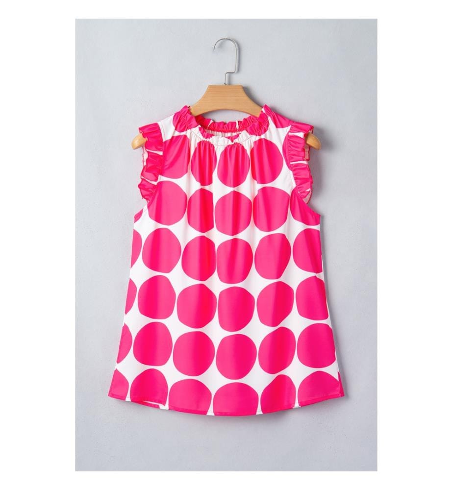 Round-neck tank top with pink polka-dot print and ruffles