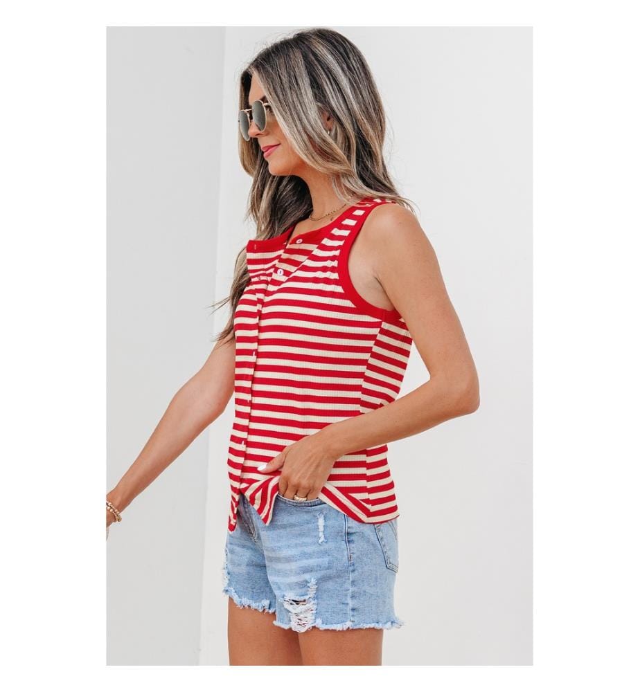Rib-knit tank top with red stripes