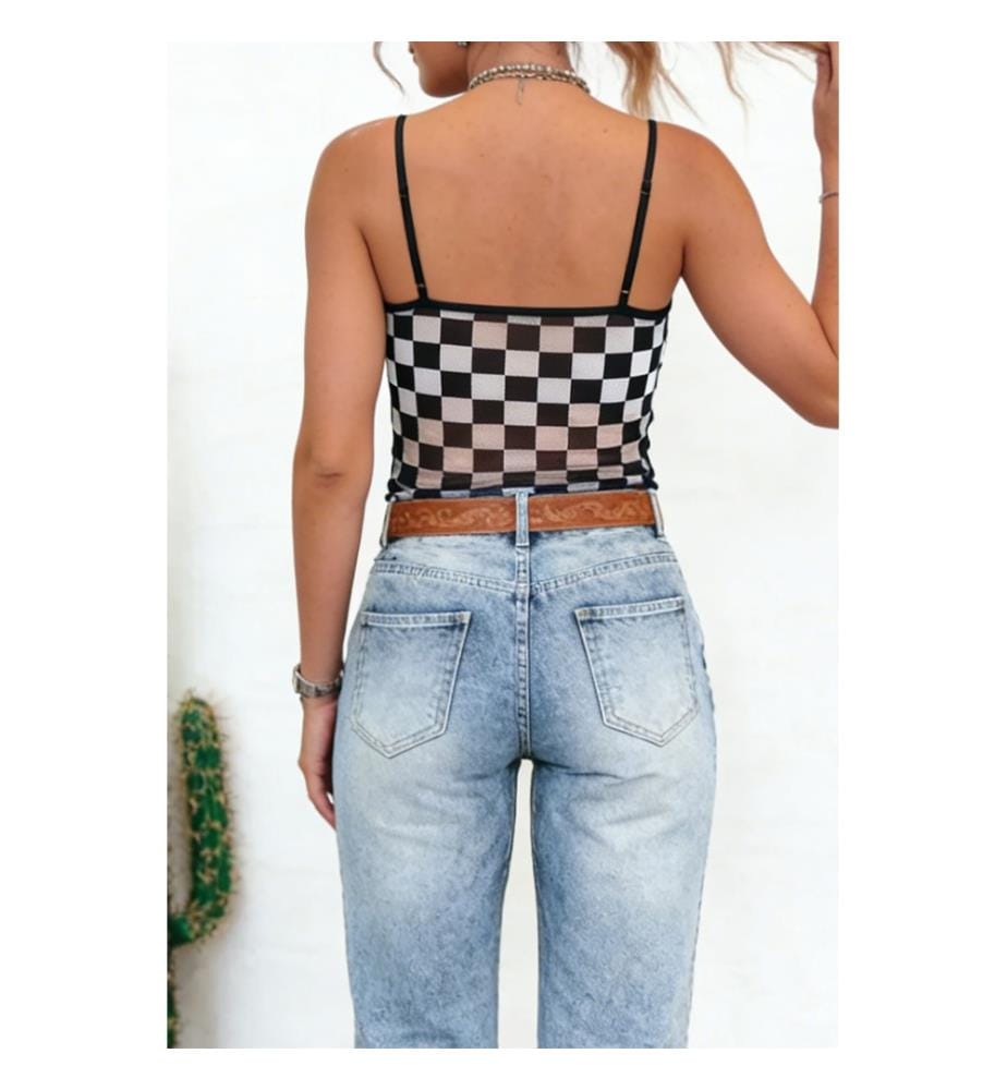 Slim-fit tank top with thin straps, sheer black check print