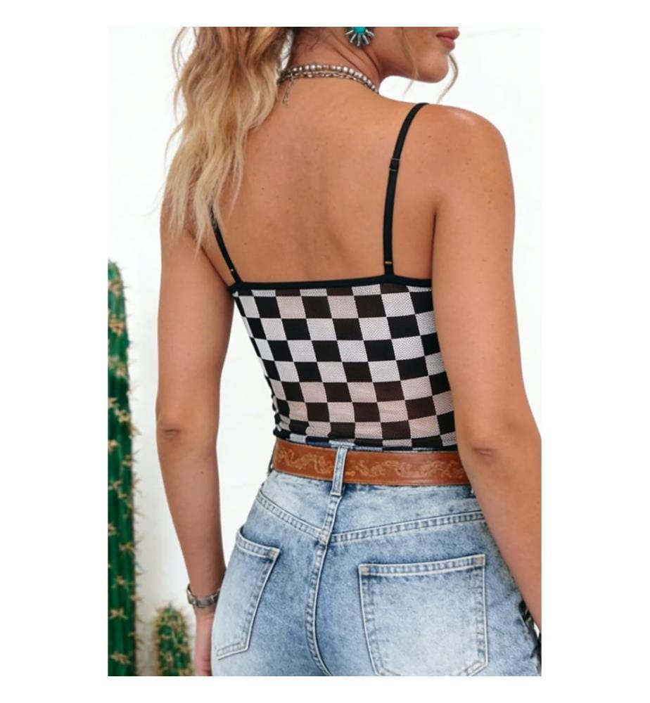 Slim-fit tank top with thin straps, sheer black check print