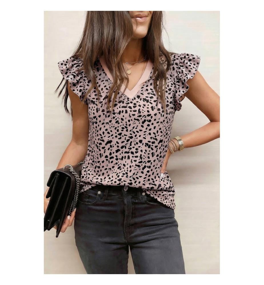 Lockeres Tank-Top mit V-Ausschnitt und Volants im Leopardenmuster schwarz