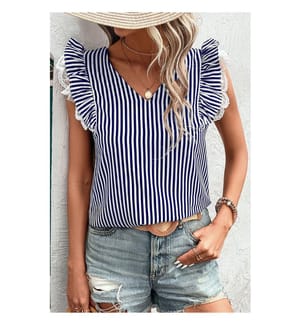 Tank top with blue stripes, V-neck, lace trim with contrasting ruffles