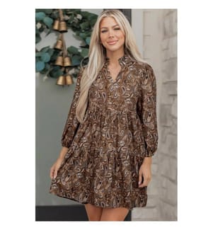 Short flowing dress with puffed sleeves and half-buttons in brown paisley print