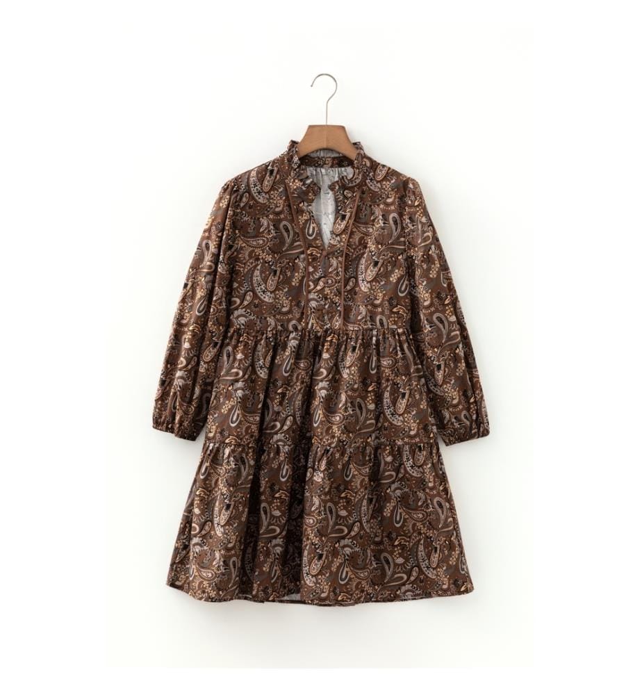 Short flowing dress with puffed sleeves and half-buttons in brown paisley print