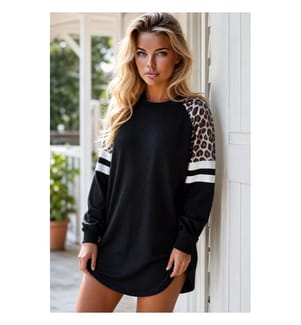 Black leopard print sweatshirt dress with raglan sleeves, university style