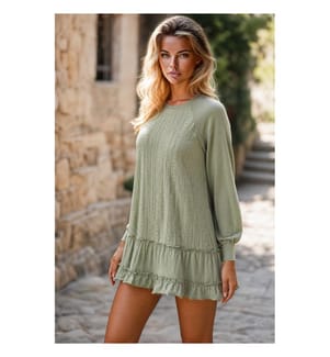 Long-sleeved short dress in laurel green jacquard with ruffles