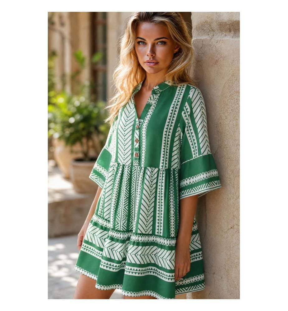 Green casual dress with bohemian ethnic print, half-buttoned, 3/4 sleeves