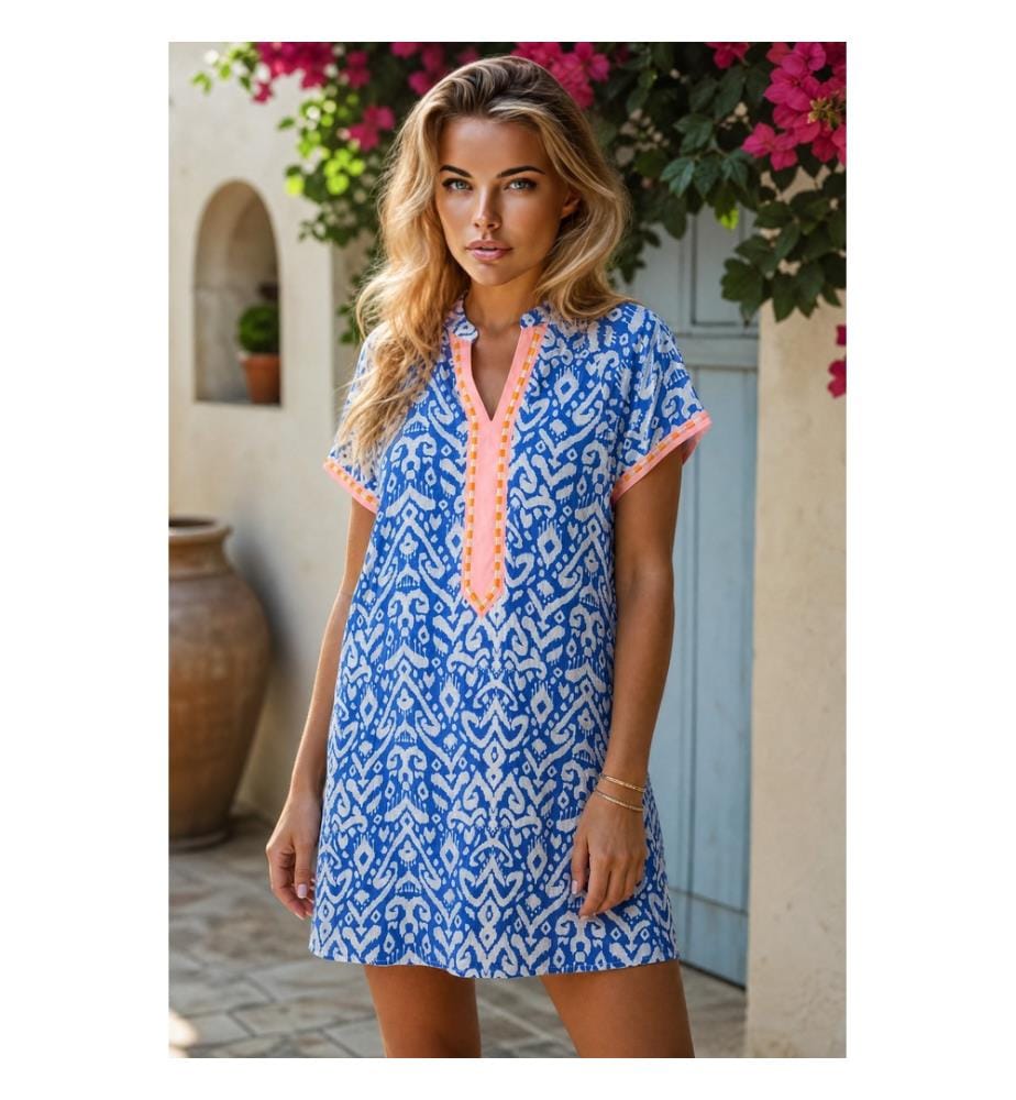 Robe courte trapèze bleue à imprimé western rayé et patchwork color block