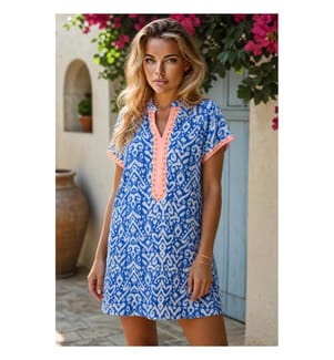 Short blue trapeze dress with striped western print and color block patchwork