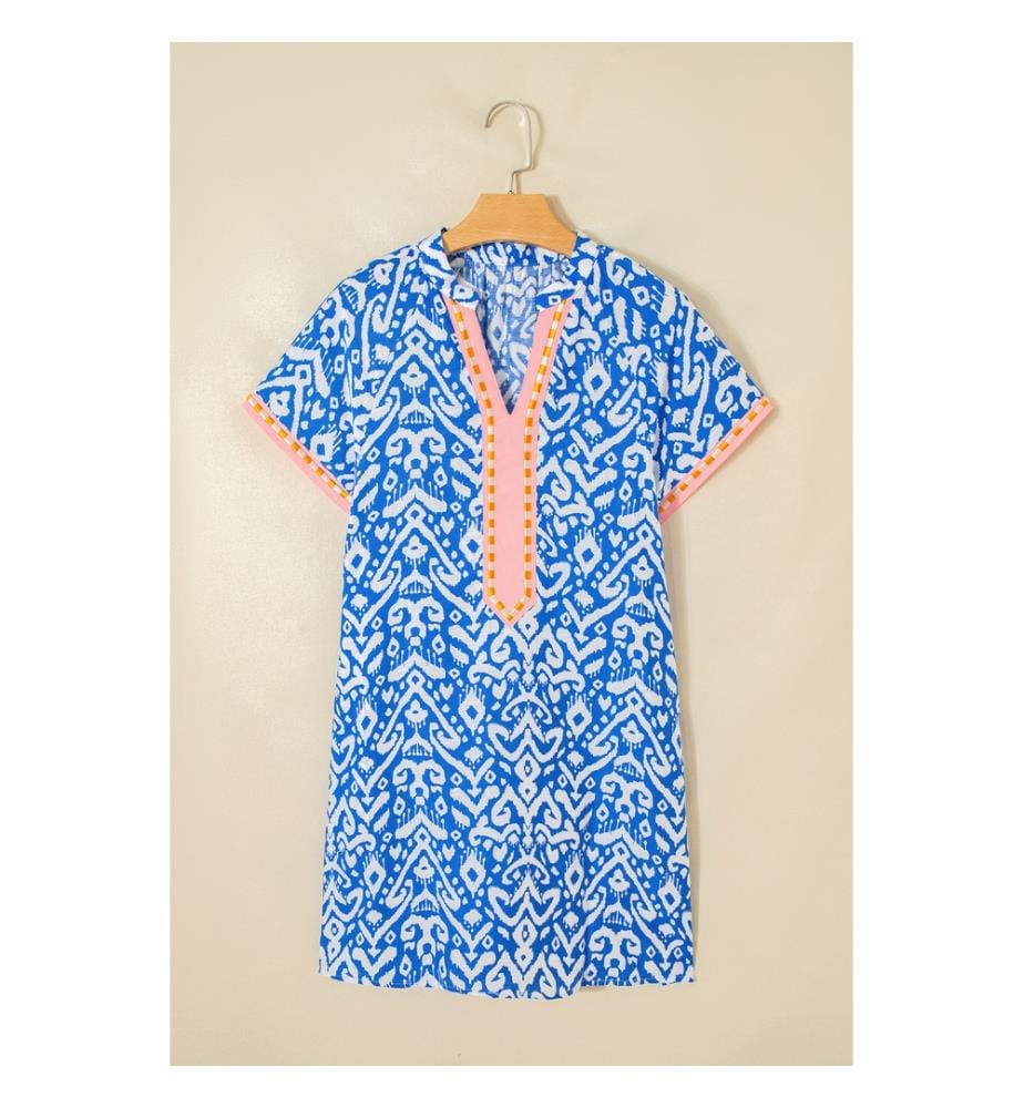 Robe courte trapèze bleue à imprimé western rayé et patchwork color block