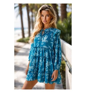 Short ruffled dress with mid-length sleeves and blue flowers