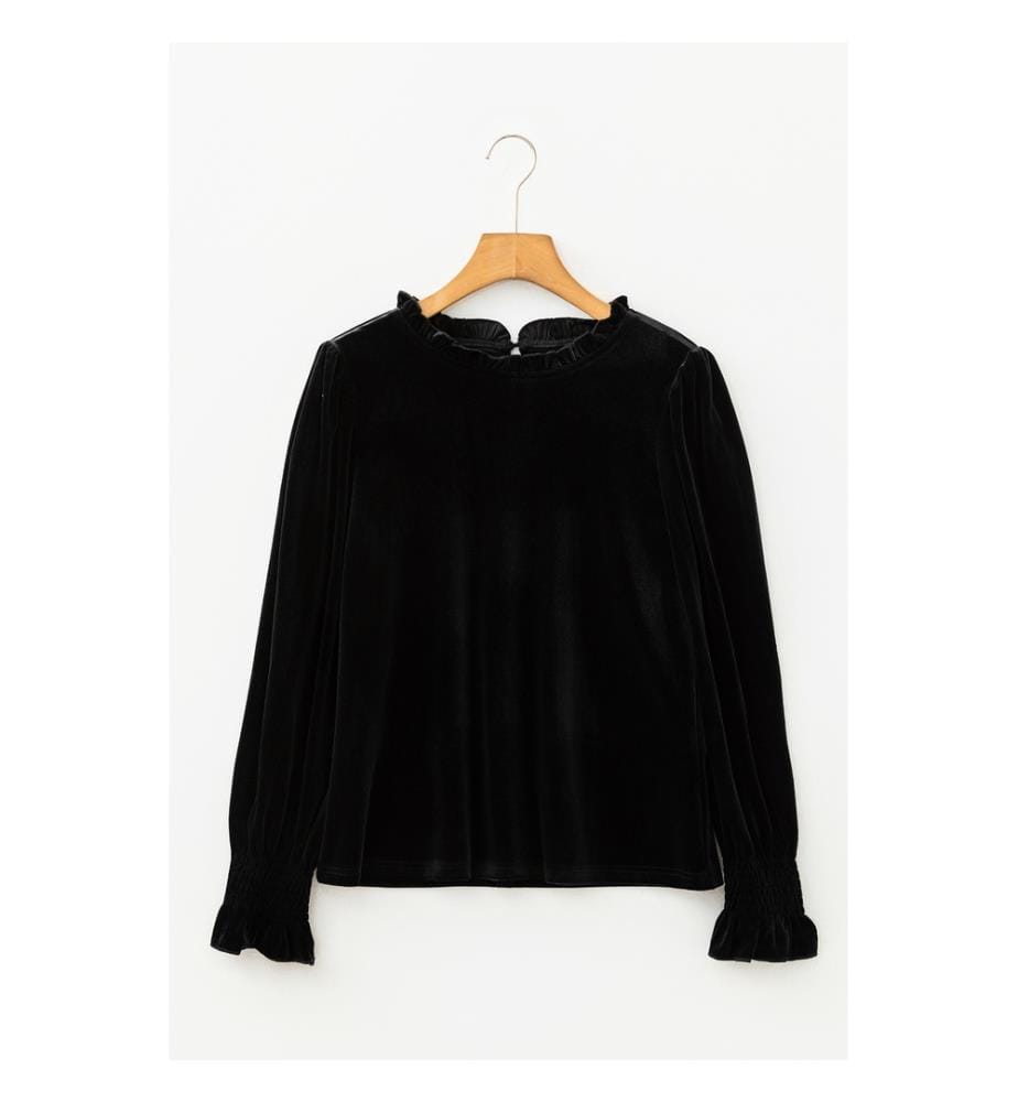 Velvet blouse with ruffled collar - Black
