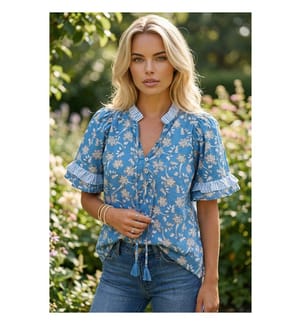 Blue Floral Print Short Sleeve Blouse - Blue
