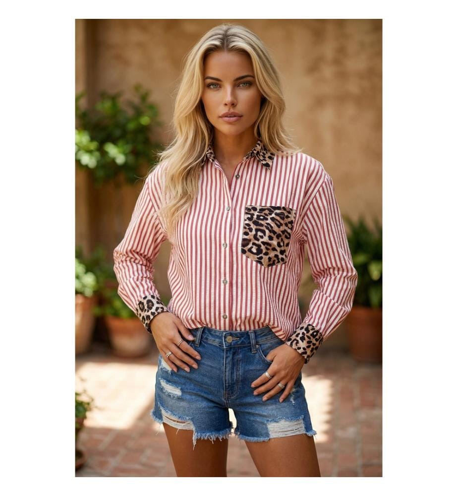 Chemise Boutonnée Imprimé Léopard - Rouge