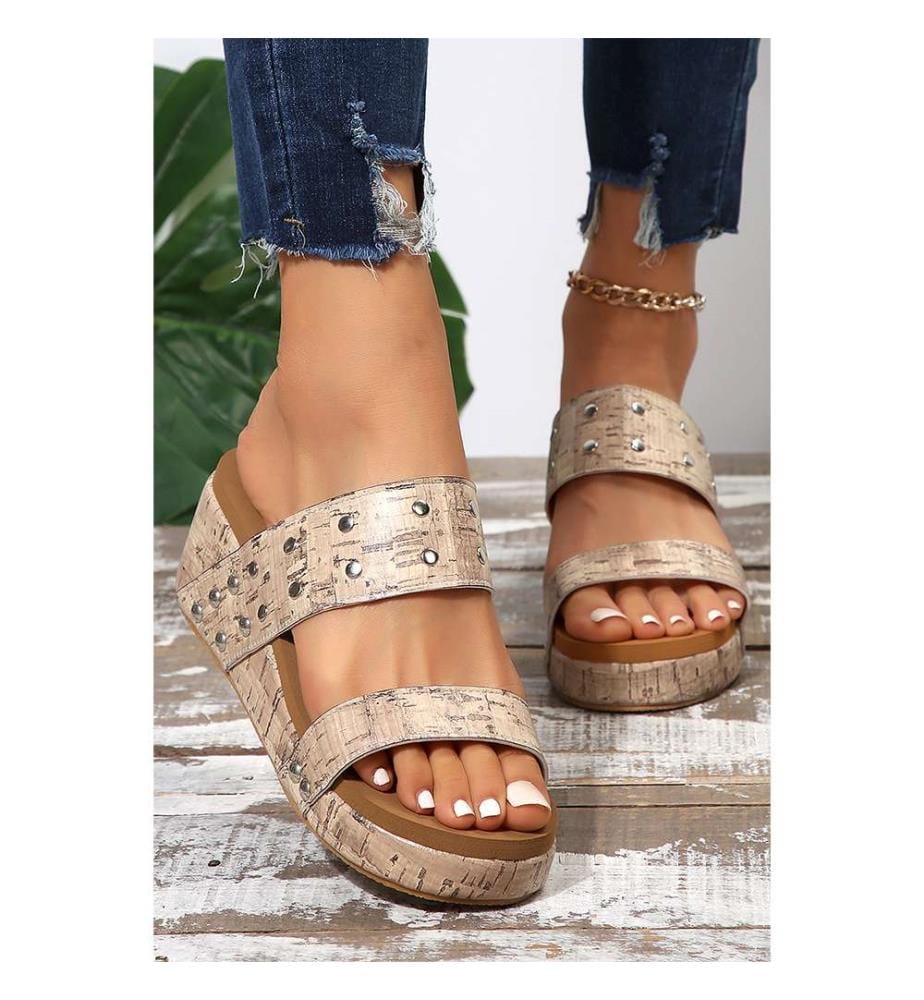 Double-Strap Wedge Mules - Camel
