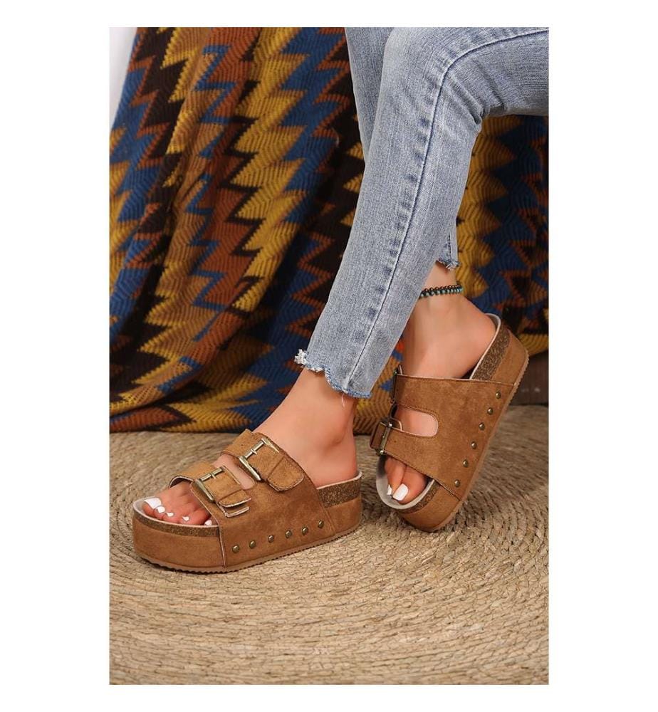 Suede Sandals with Buckles - Brown