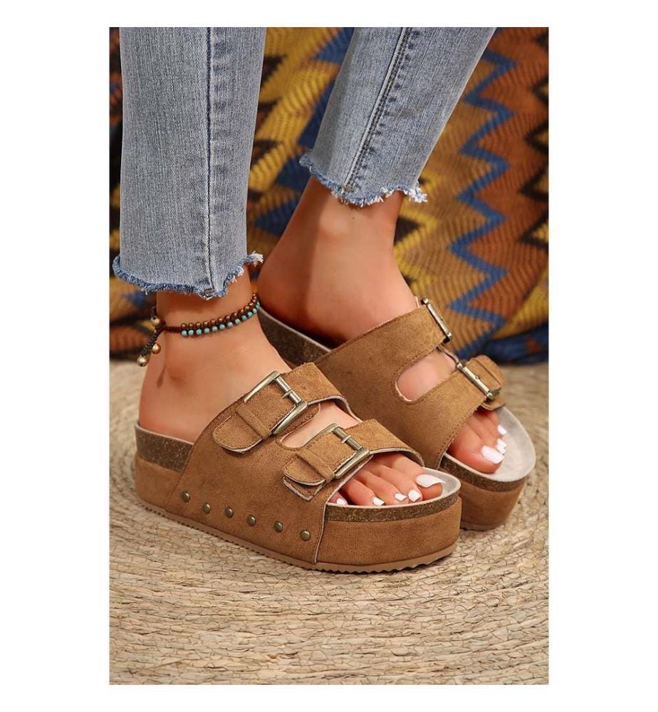 Suede Sandals with Buckles - Brown
